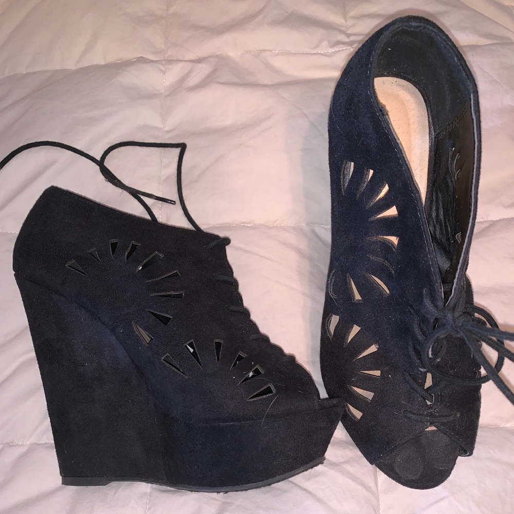 Cut out black lace up wedge heels!
